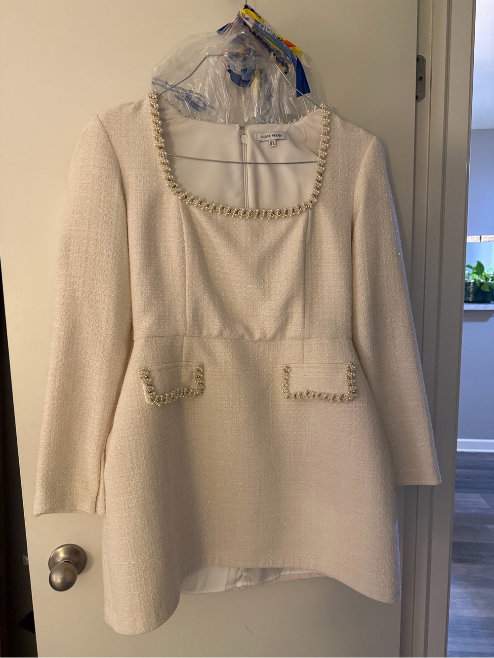 NADINE MERABI Cream Long Sleeve Square Neck Mini Dress - Picture 2 of 5